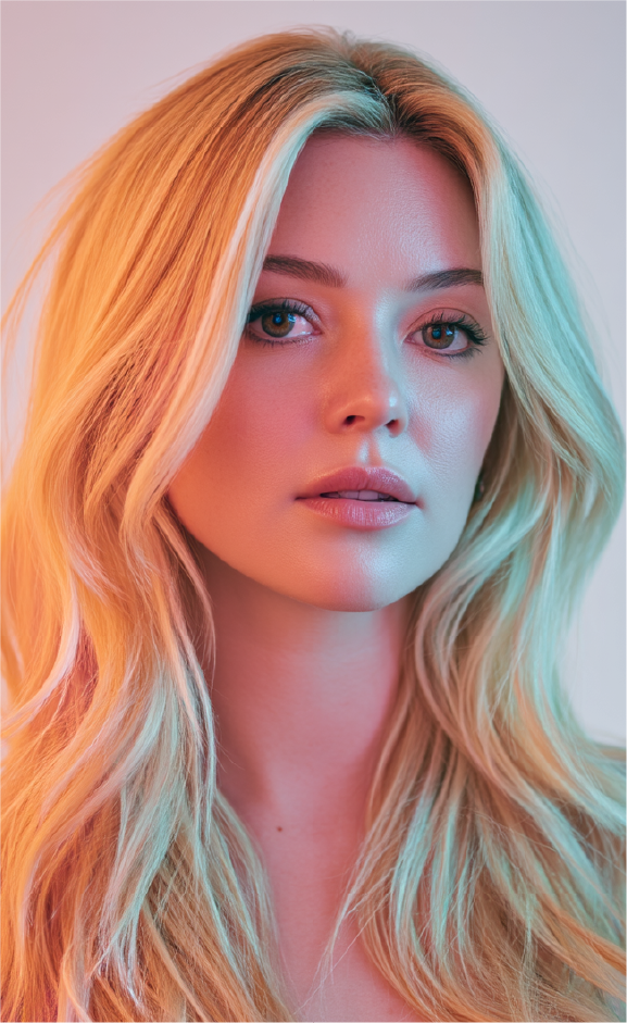 Ellie lit in peach and cyan.